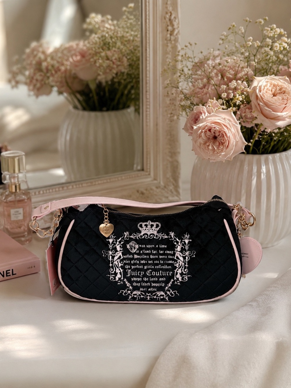 NWT Juicy Couture Black Pink Velour Y2K Shoulder Bag